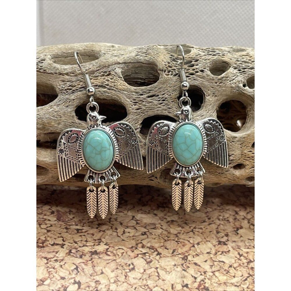 SILVER THUNDERBIRD T-BIRD EARRINGS SOUTHWEST WESTERN AZTEC BIRD Feather Long - Picture 3 of 7